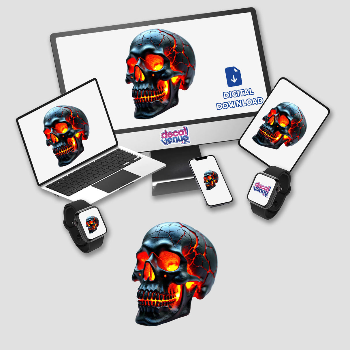 Molten Lava Skull digital artwork displayed on a computer monitor and smart watch, featuring a skull with glowing red eyes. Available as stickers or digital art from Decal Venue.