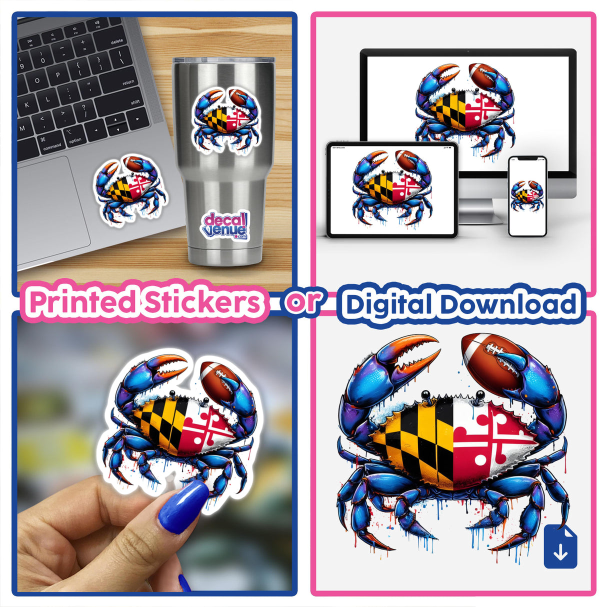 Maryland Football Splatter Blue Crab sticker, featuring a cartoon crab holding a football and flag. Available as a vinyl sticker or digital artwork, ideal for laptops and other surfaces.