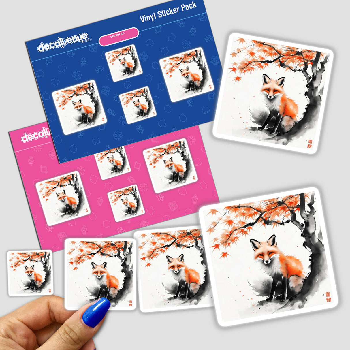 Sumi-e Fox Under Maple Tree Japanese Ink Painting, available as stickers or digital artwork, depicting a fox elegantly poised beneath a tree, embodies the essence of traditional Japanese ink artistry.