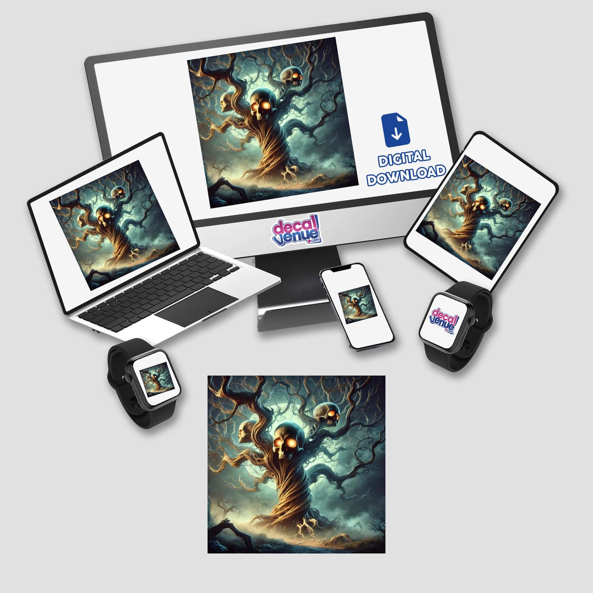 Skeleton Tree with Glowing Eyes Halloween artwork displayed on various devices, including a computer, laptop, tablet, and phone, emphasizing its versatility as stickers or digital art.