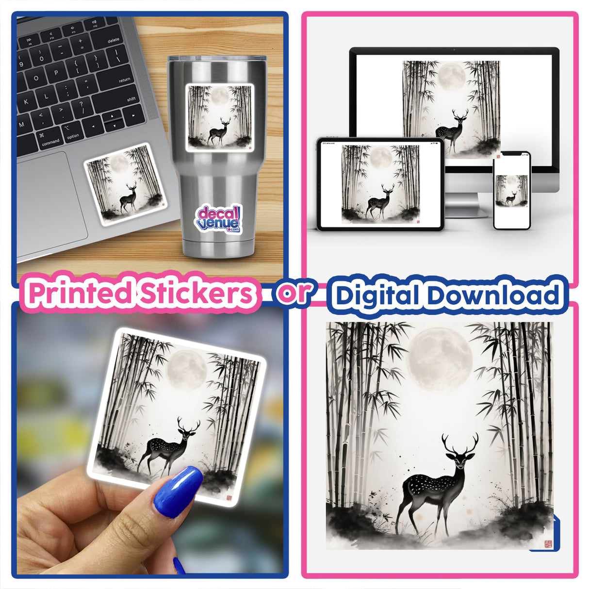 Deer in Bamboo Forest Under Moonlight Sumi-e Art depicted as intricate stickers or digital artwork, showcasing a serene scene of deer amidst bamboo, reflecting the unique artistry offered by Decal Venue.