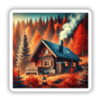Crisp Air - A Cozy Cabin with a Smoking Chimney: A painting of a log cabin in the woods with a wooden bench and metal bars, available as stickers or digital artwork.