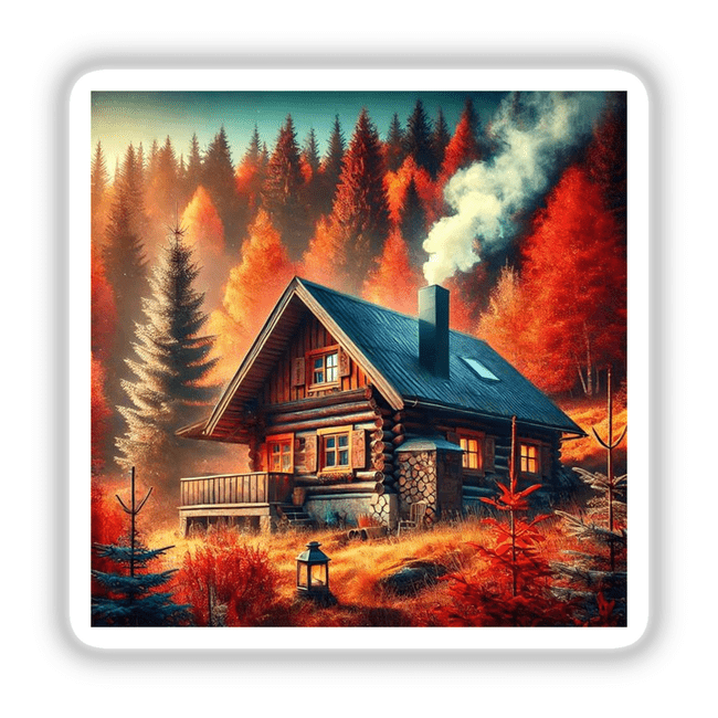 Crisp Air - A Cozy Cabin with a Smoking Chimney: A painting of a log cabin in the woods with a wooden bench and metal bars, available as stickers or digital artwork.