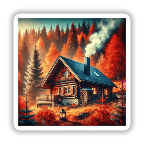Crisp Air - A Cozy Cabin with a Smoking Chimney: A painting of a log cabin in the woods with a wooden bench and metal bars, available as stickers or digital artwork.