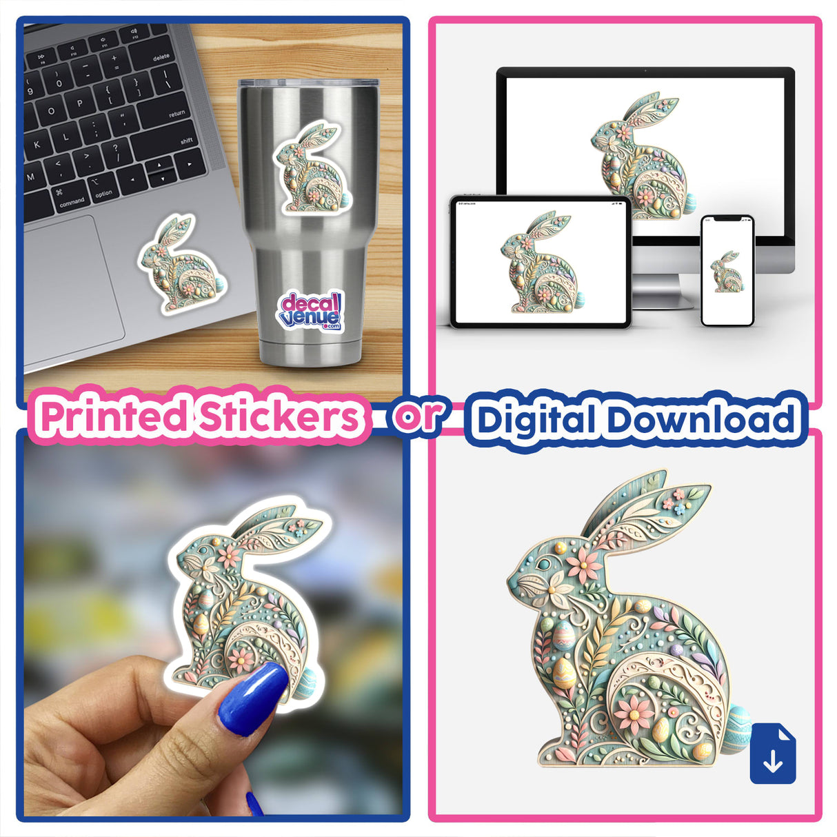 Intricately Designed Easter Bunny with Flowers, showcasing a finely detailed bunny surrounded by flowers and eggs, ideal as stickers or digital art from Decal Venue.