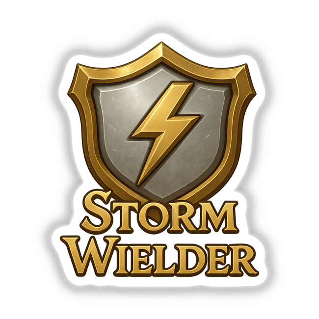 Storm Wielder – RPG-Style Skill Badge featuring a gold and silver lightning crest, available as stickers or digital artwork, showcasing intricate design elements that reflect Decal Venue's unique aesthetic.