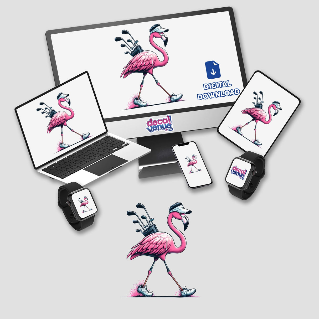 Flamingo Going Golfing digital artwork featuring a sketch of a flamingo carrying golf clubs, displayed on a laptop and other devices. Available as stickers or digital artwork.