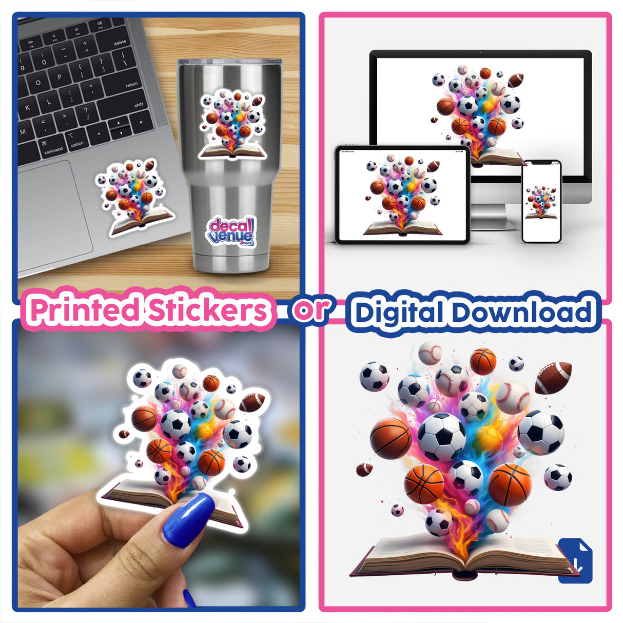 Vibrant Array of Sports Balls Erupting from an Open Book artwork showcasing diverse sports balls bursting from a book, ideal as a vinyl sticker or digital art for dynamic spaces.