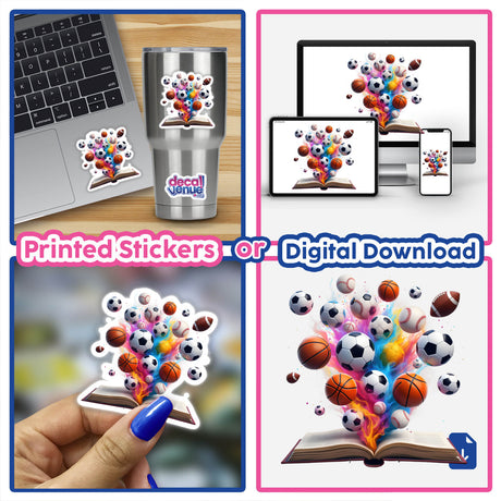 Vibrant Array of Sports Balls Erupting from an Open Book artwork showcasing diverse sports balls bursting from a book, ideal as a vinyl sticker or digital art for dynamic spaces.