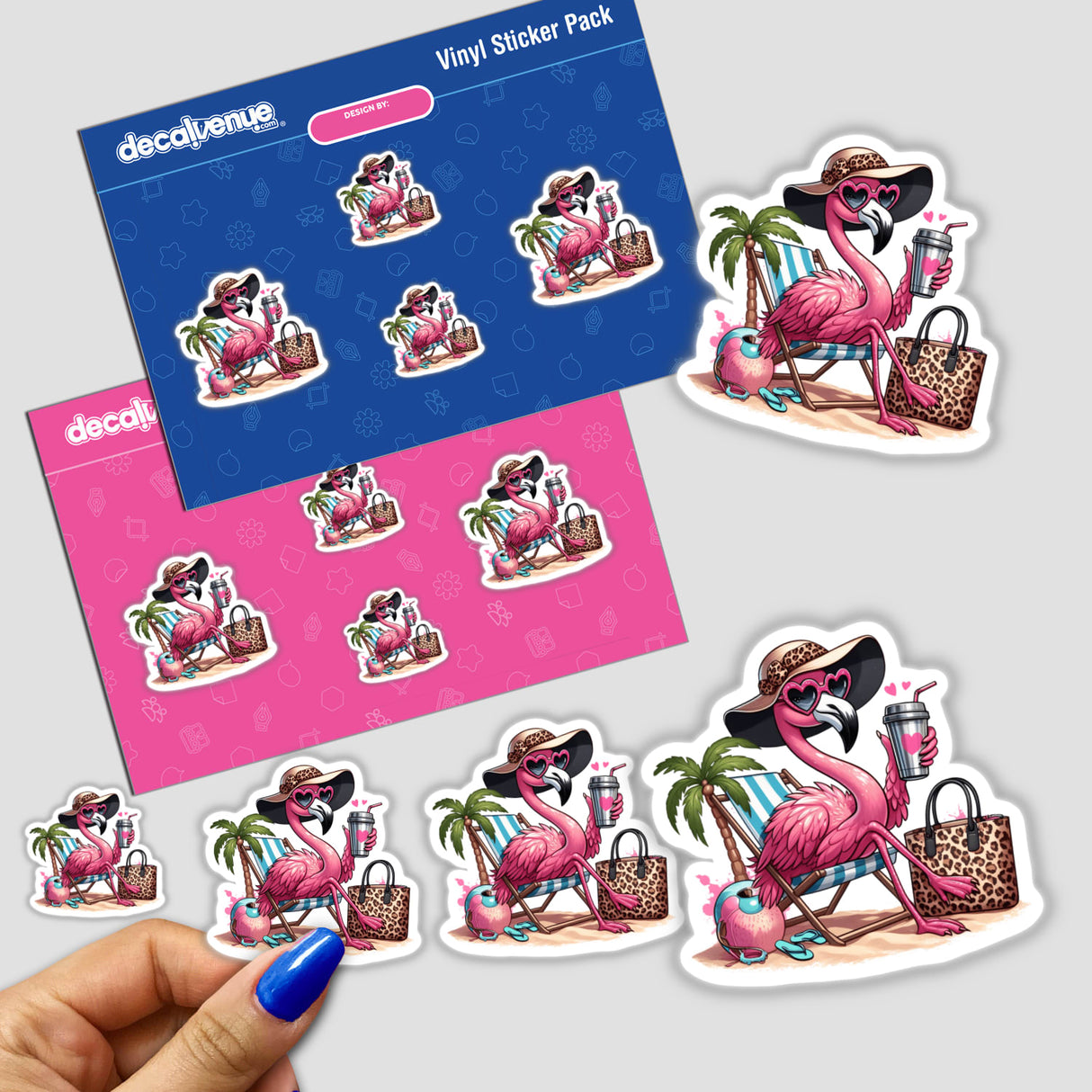 Sassy Leopard Accent Flamingo Bird at Beach sticker pack featuring cartoon flamingos lounging in beach chairs, perfect for unique vinyl sticker collections or as vibrant digital artwork.