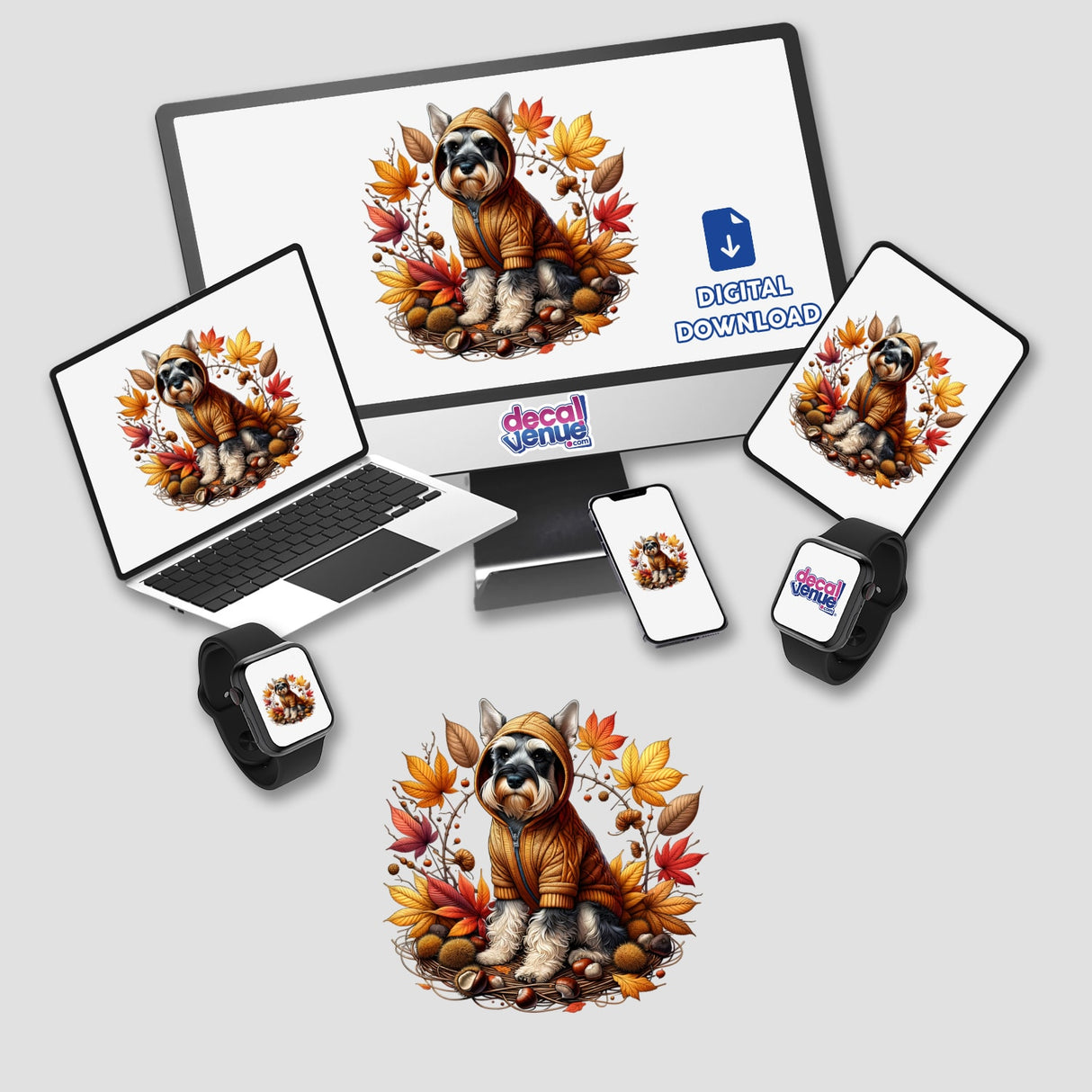 Autumn Schnauzer in Cozy Sweater displayed on computer monitor and laptop, featuring a dog in a hoodie amidst leaves. Available as stickers or digital artwork from Decal Venue.