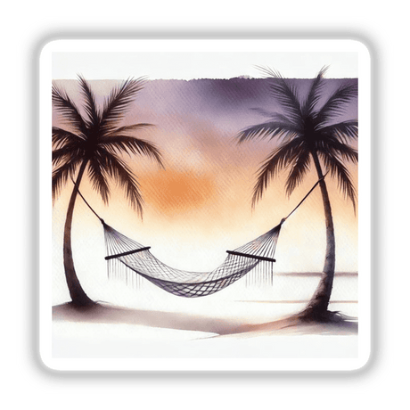 Hammock Retreat - Peaceful Boho Watercolor Art: A serene watercolor depiction of a hammock strung between palm trees, evoking a tranquil, bohemian beach vibe. Available as stickers or digital artwork.