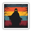 Ghost Silhouette with Bold Color Stripes Halloween: A black figure with a skull for a head, resembling a bird-like silhouette. Available as stickers or digital artwork from Decal Venue.