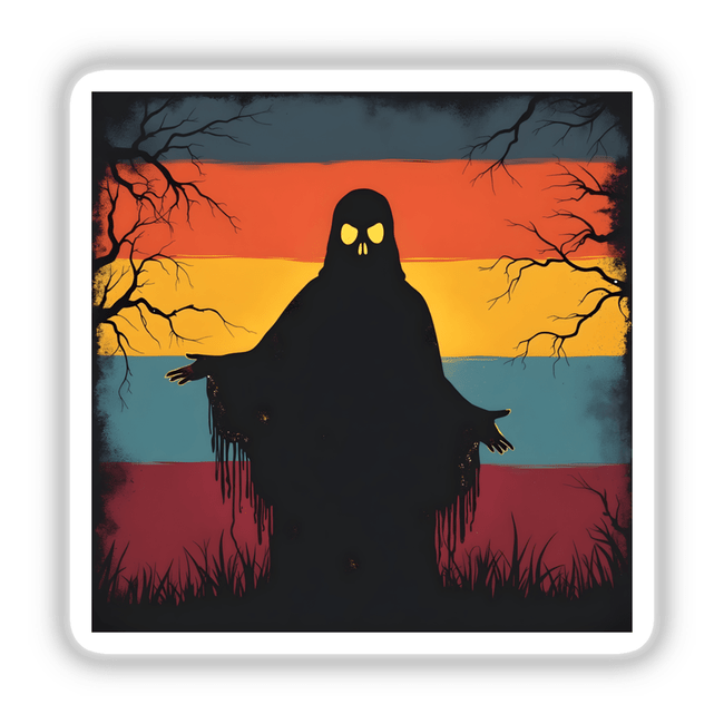 Ghost Silhouette with Bold Color Stripes Halloween: A black figure with a skull for a head, resembling a bird-like silhouette. Available as stickers or digital artwork from Decal Venue.