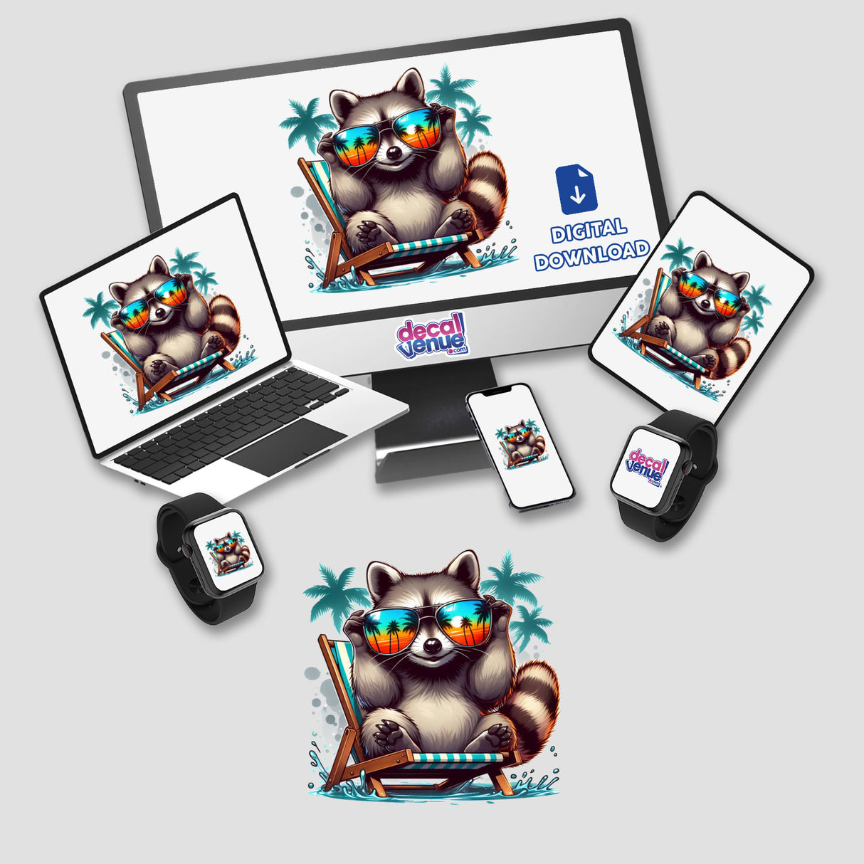 Summertime Raccoon on Beach Vacation displayed on a computer monitor and laptop, featuring a cartoon raccoon wearing sunglasses, relaxing in a chair, available as stickers or digital artwork.