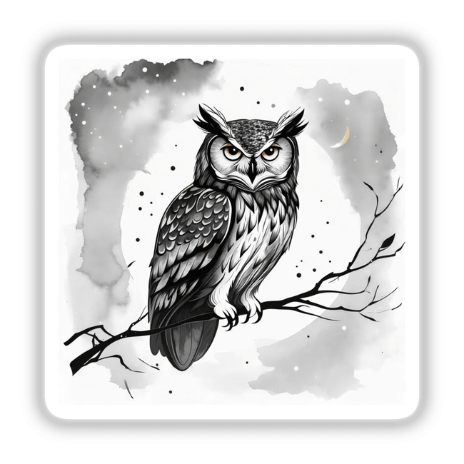 Sumi-e Owl on Branch Under Night Sky Japanese Ink Art available as stickers or digital artwork, showcasing intricate ink detailing of an owl perched on a branch under a stylized night sky.