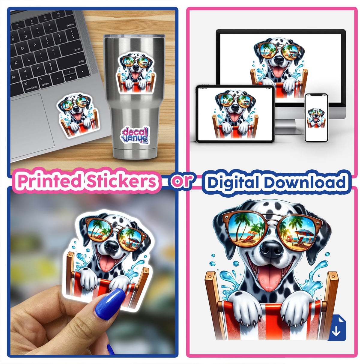 Happy Dalmatian Peeking from Beach Chair sticker, featuring a dog with sunglasses. Available as a vinyl sticker or digital artwork, perfectly capturing playful canine charm for laptops or cups.