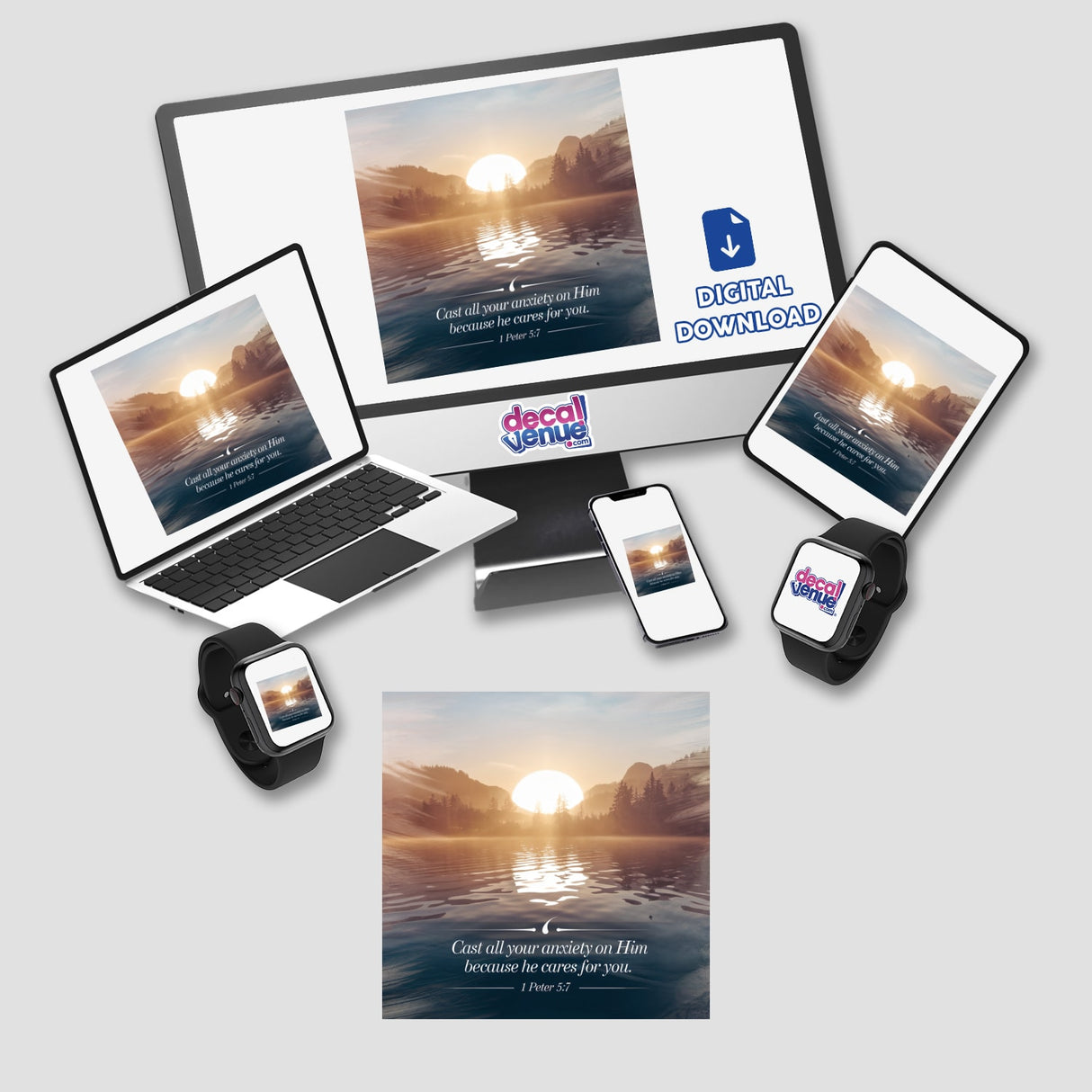 Computer and laptop screens display the text Cast all your anxiety on Him because He cares for you. 1 Peter 5:7, highlighting a digital artwork available as stickers or digital art.