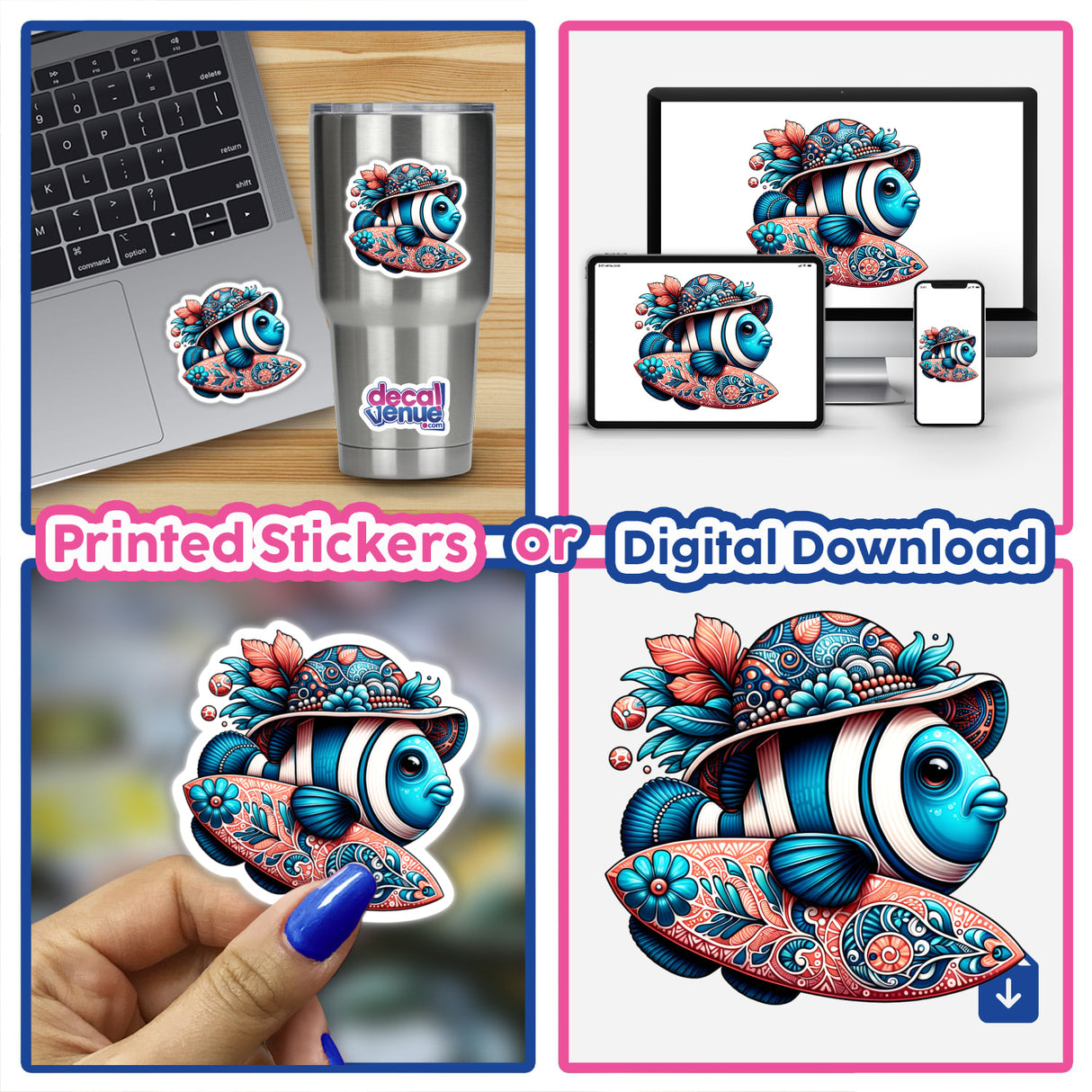 Clownfish Holding Surfboard in Summer Beach Hat