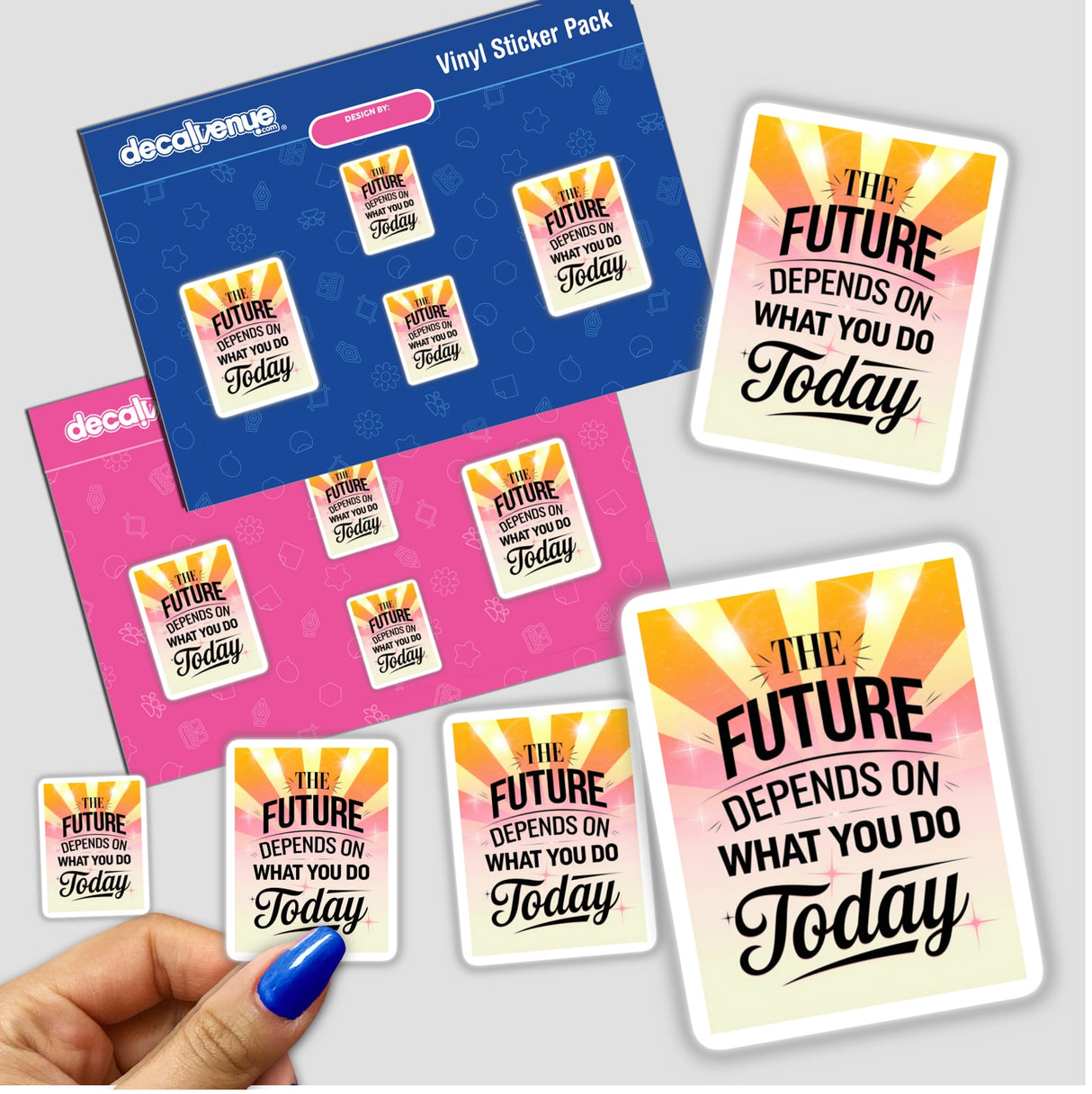 Hand holding The future depends on what you do today sticker pack, featuring diverse designs. Available as stickers or digital artwork from Decal Venue. Unique vinyl and digital art focus.