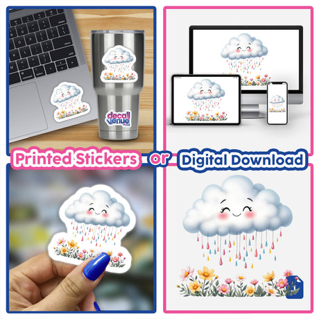 Cute Spring Rain Clouds with Colorful Droplets sticker collage, showcasing whimsical clouds with raindrops and flowers on various items like a cup, laptop, and phone, embodying cheerful customization options.