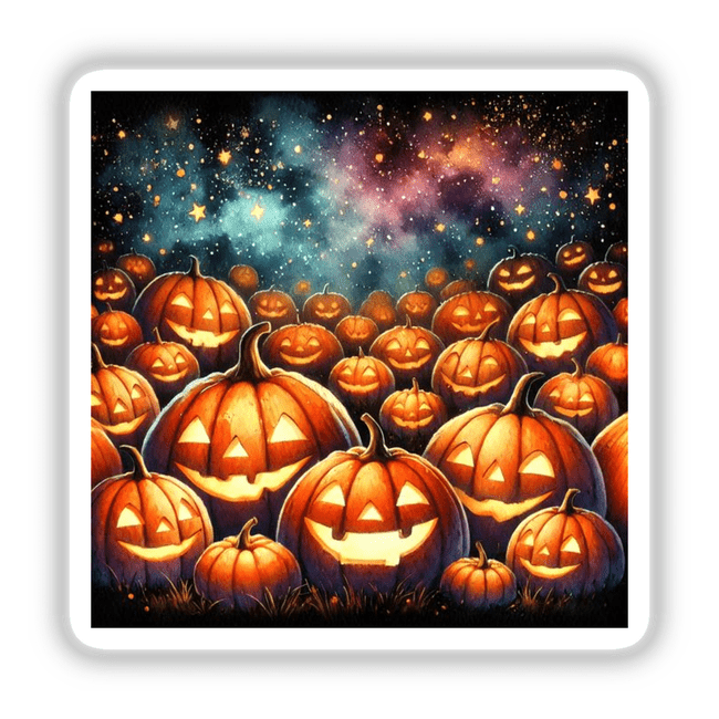 Pumpkin Patch - Glowing Jack-o-Lanterns Watercolor: A group of intricately carved pumpkins with smiling, illuminated faces, available as stickers or digital artwork from Decal Venue.