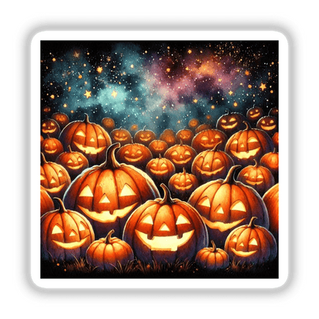 Pumpkin Patch - Glowing Jack-o-Lanterns Watercolor: A group of intricately carved pumpkins with smiling, illuminated faces, available as stickers or digital artwork from Decal Venue.