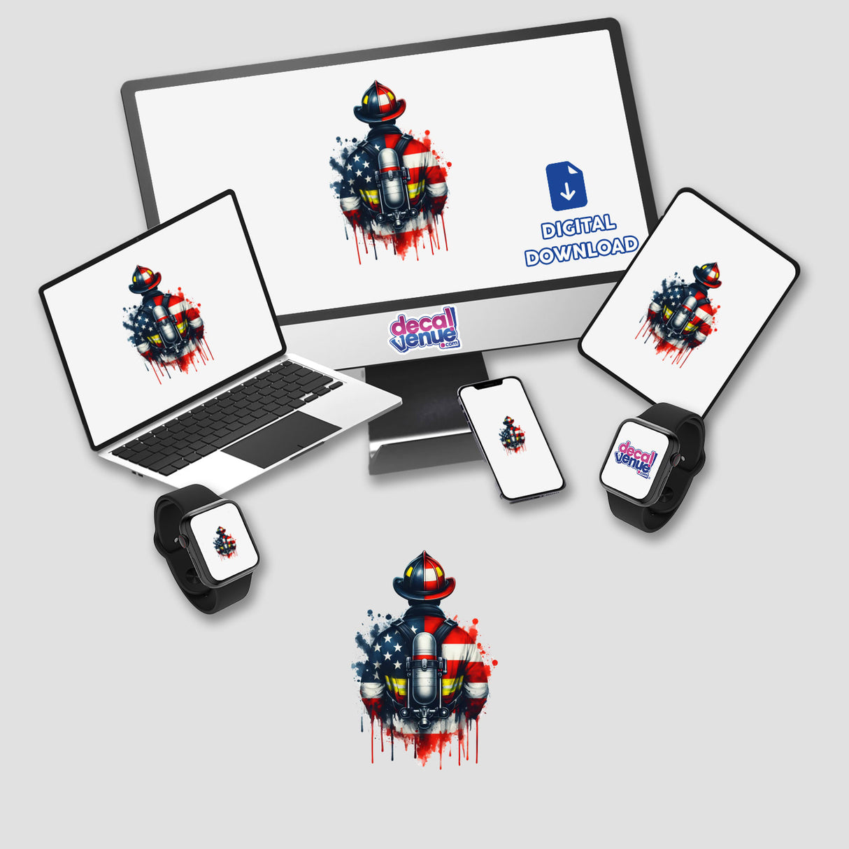 Vibrant digital artwork of a firefighter's helmet with American flag motifs, displayed on various digital devices against the Decal Venue branding.