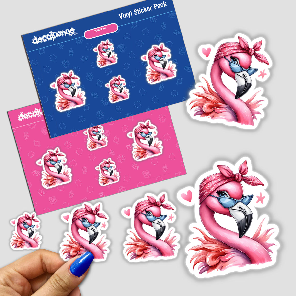 Vibrant pink flamingo stickers with bandanas, showcasing a whimsical and sassy design. The stickers are displayed on a blue and pink Decal Venue branded vinyl sticker pack, highlighting the product's creative and eye-catching appeal.