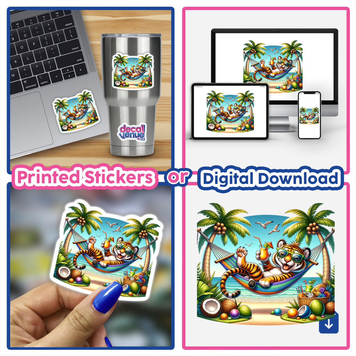 A collage featuring Tropical Tiger Lounging in Hammock stickers on a laptop, cup, and digital artwork displayed on a monitor.