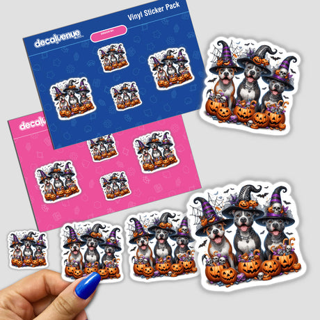 Halloween Trick or Treat Trio Pitbull Dogs stickers featuring cartoon Pitbulls in hats with pumpkins, available as stickers or digital artwork.