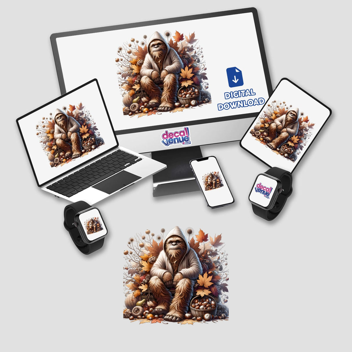 Autumn Sasquatch in Cozy Sweater - Digital artwork featuring a Sasquatch creature surrounded by fall foliage, acorns, and other natural elements, presented across various digital devices and platforms.