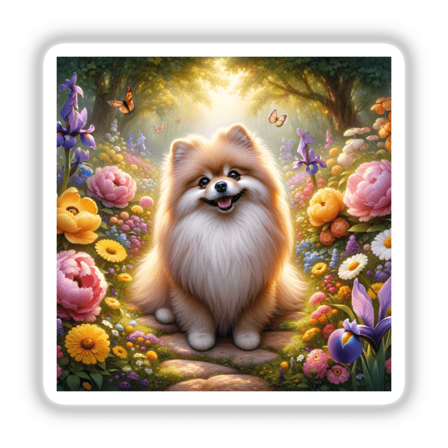 Pomeranian in a Vibrant Flower Meadow Watercolor Illustration featuring a dog sitting amidst a lush garden of flowers, available as stickers or digital artwork from Decal Venue.