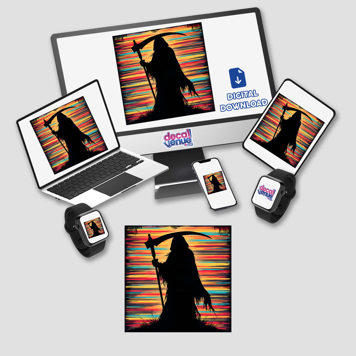 Grim Reaper Silhouette with Bold Stripes Halloween displayed on a computer monitor and laptop, available as stickers or digital artwork.