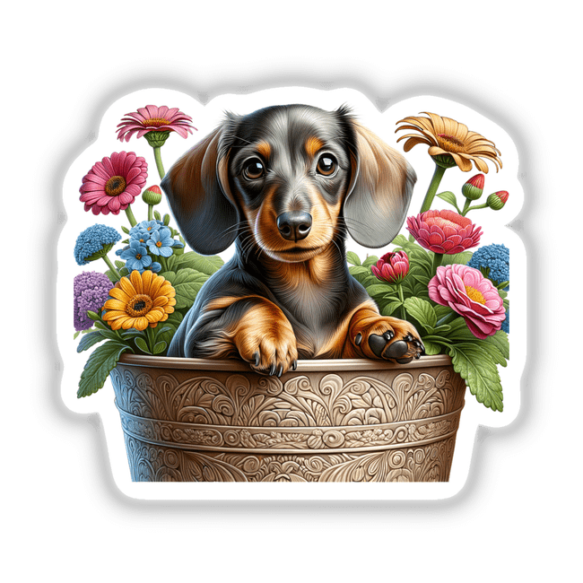 Dachshund Dog Peeking Out of Flower Pot