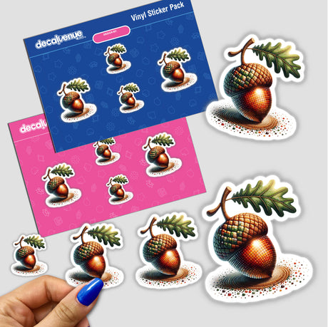 Unique Acorn and Leaf Mosaic Design sticker pack featuring detailed acorns and leaves. Close-up of hand with blue nail polish holding a sticker. Available as Stickers or Digital Artwork.