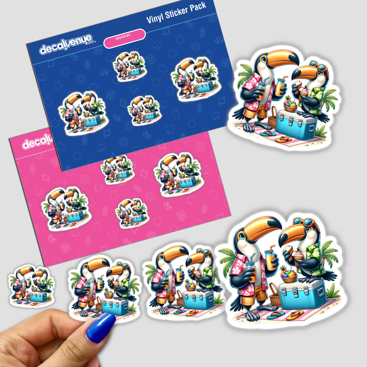 Toucan Birds Having a Picnic sticker pack featuring cartoon toucans on a beach, enjoying a picnic, and holding drinks.