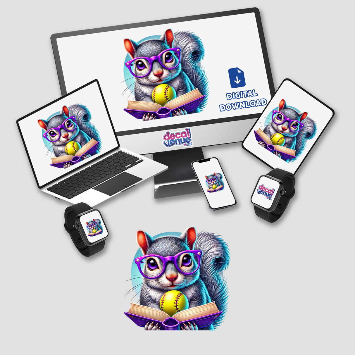 Squirrel Reading a Book with Purple Glasses and Softball depicted on a computer monitor and laptop screen, available as stickers or digital artwork.