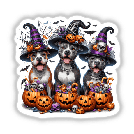 Halloween Trick or Treat Trio Pitbull Dogs: Three pitbulls wearing human hats, posing with pumpkins and candy baskets, available as unique stickers or digital artwork from Decal Venue.