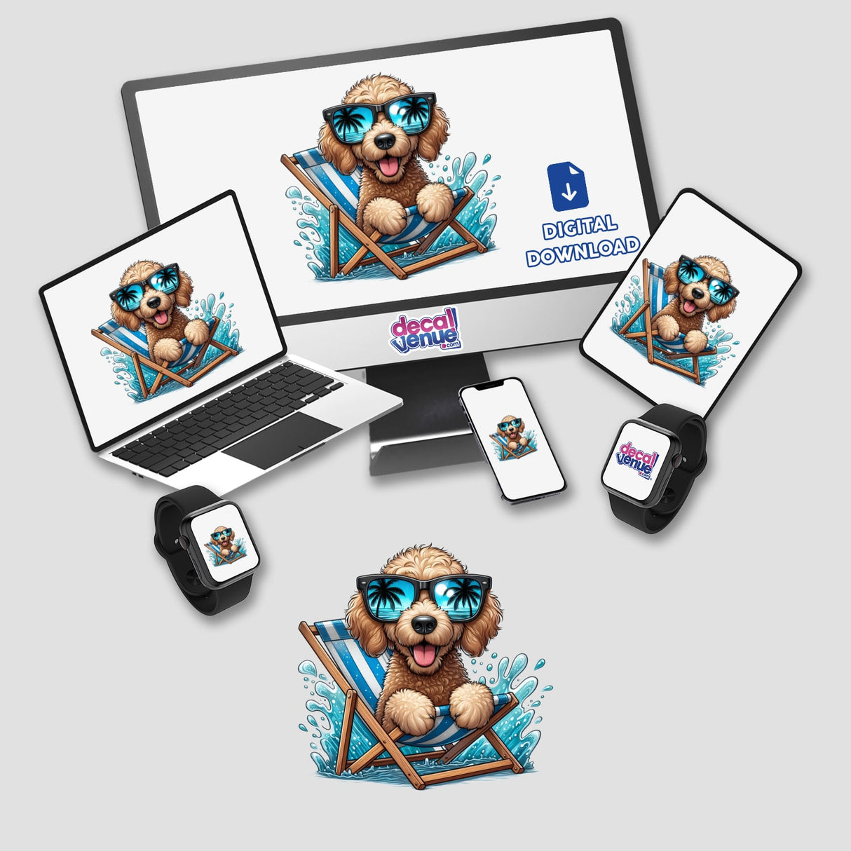 Peeking Golden Doodle sitting in a beach chair wearing sunglasses, featured on a computer monitor and laptop screen, available as stickers or digital artwork from Decal Venue.
