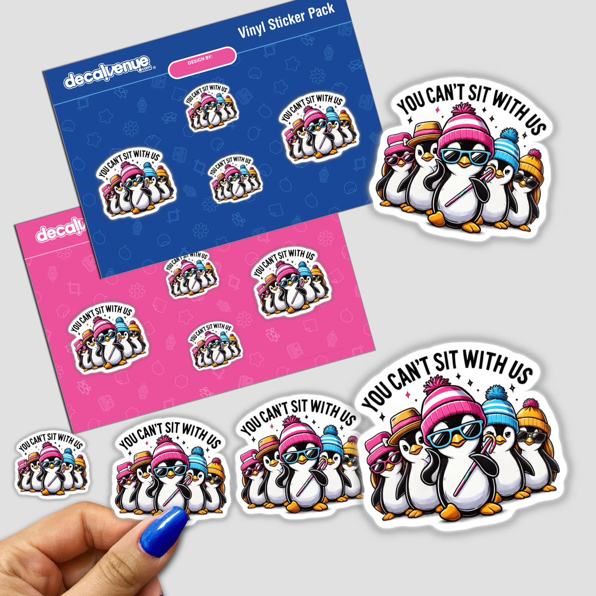 Cool Penguins You Can’t Sit With Us stickers featuring cartoon penguins wearing hats and sunglasses, available as physical stickers or digital artwork.