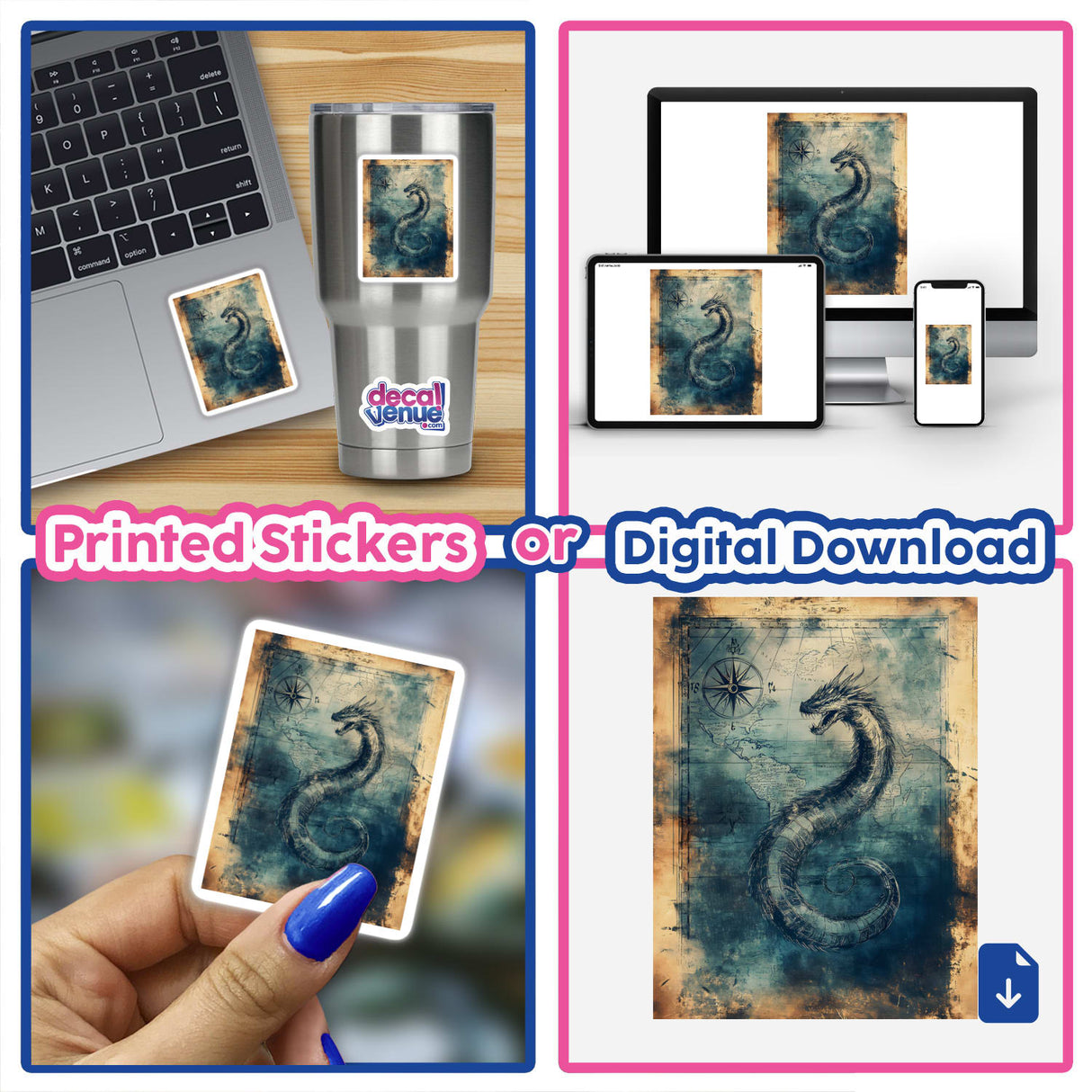 Collage featuring the Sea Serpent Balloon on Vintage World Map artwork displayed on a laptop and phone.