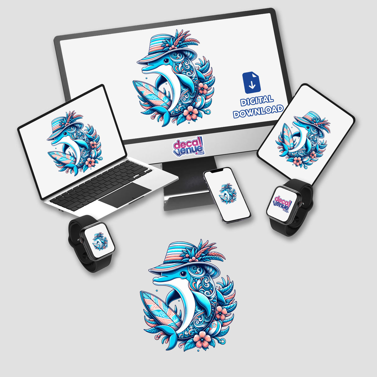 Dolphin in Summer Beach Hat with Surfboard