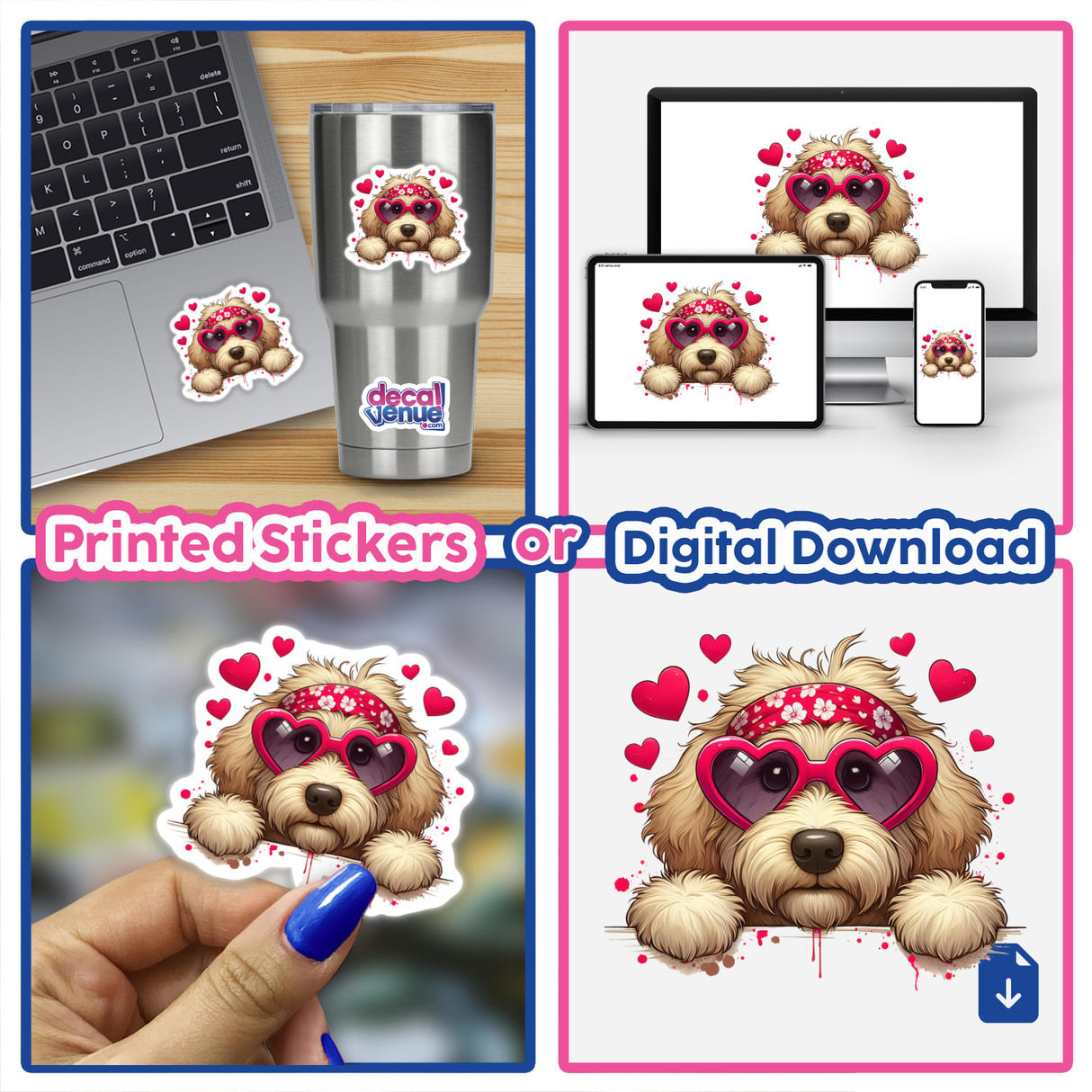 Peeking Goldendoodle Floating Hearts sticker collage featuring a cute dog in pink sunglasses, available as unique vinyl stickers or digital artwork from Decal Venue.