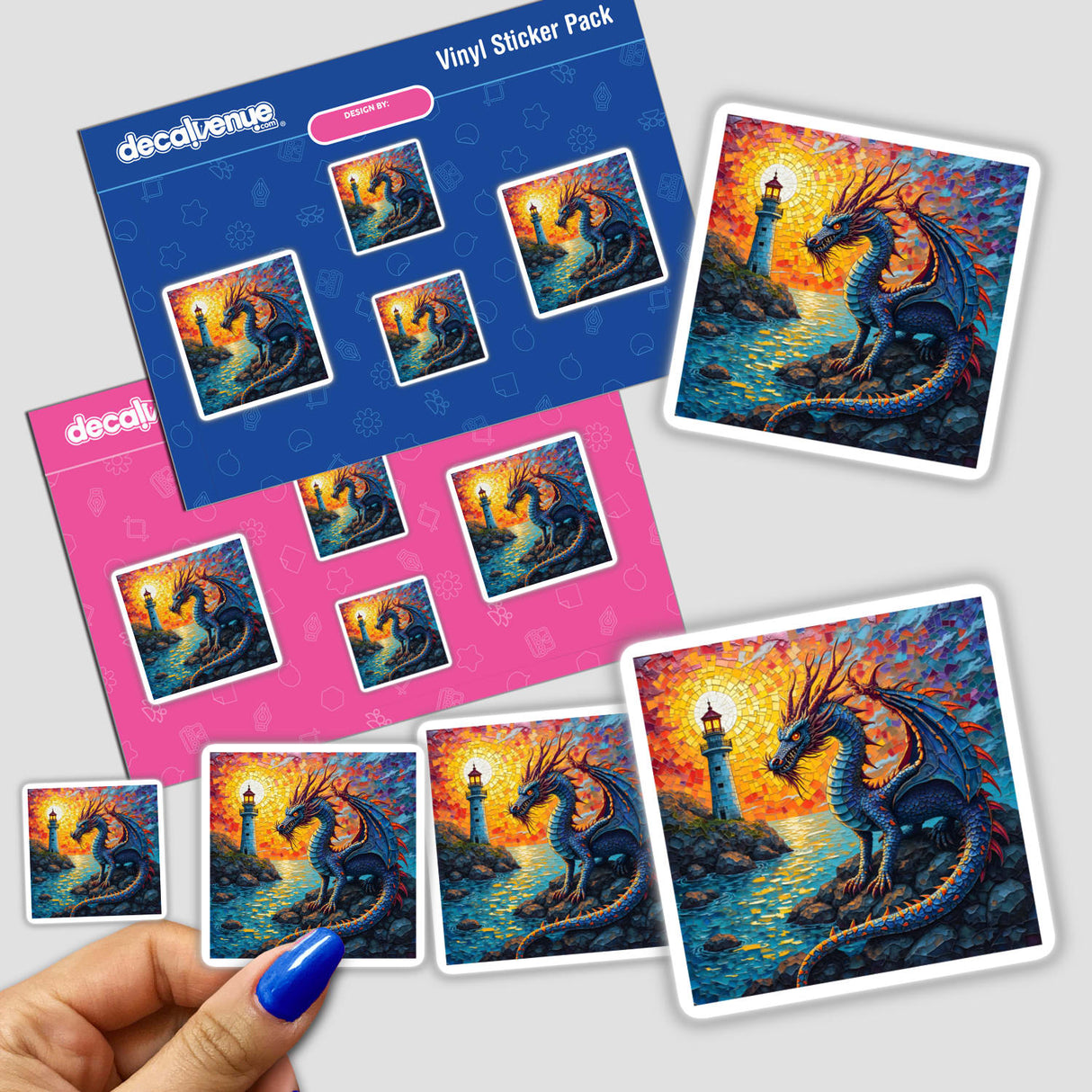 Mystical Dragon Blended with Lighthouse in Glass Mosaic Design sticker, featuring intricate mosaic art of a dragon intertwined with a lighthouse, perfect for unique decorative flair.
