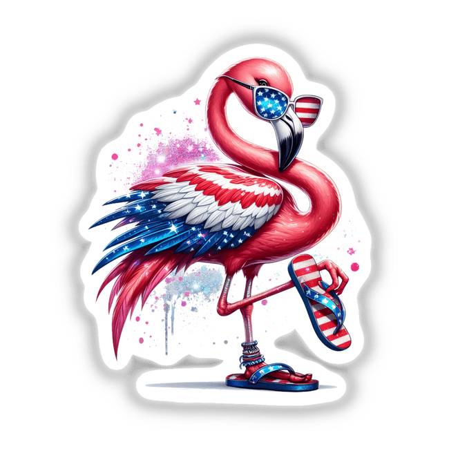 Sassy American Flag Sparkle Flamingo Bird depicted as a vibrant sticker or digital artwork, embodying a playful and patriotic theme, ideal for customization or decoration.