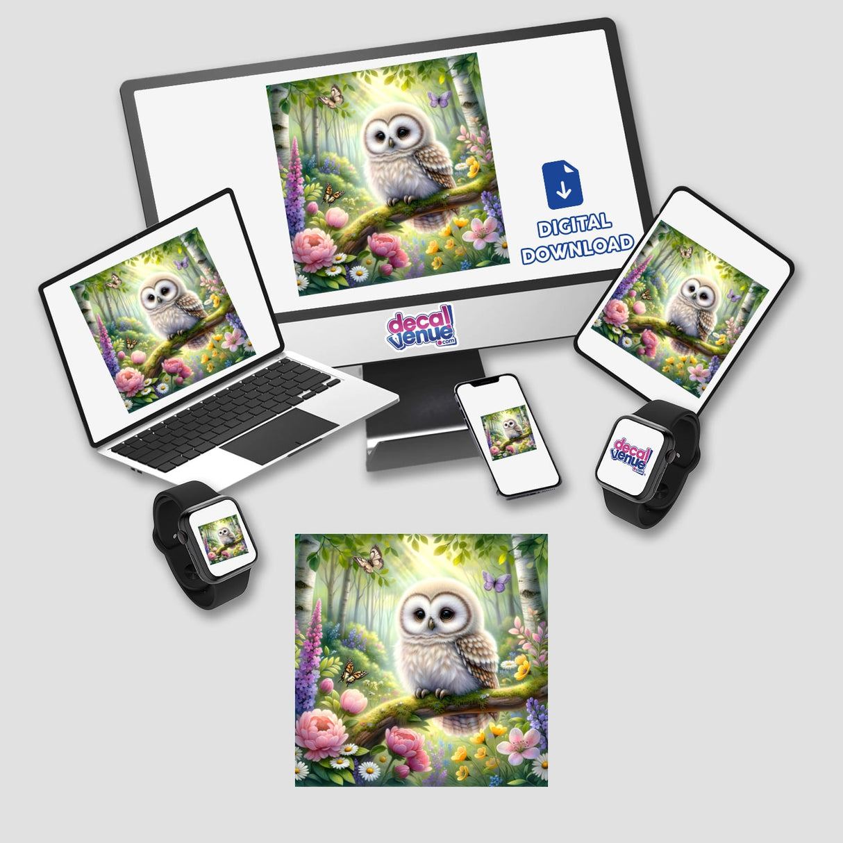 Owl in a Lush Forest Watercolor Illustration displayed on a laptop screen, showcasing a white owl perched on a branch amidst flowers and butterflies. Available as stickers or digital artwork.