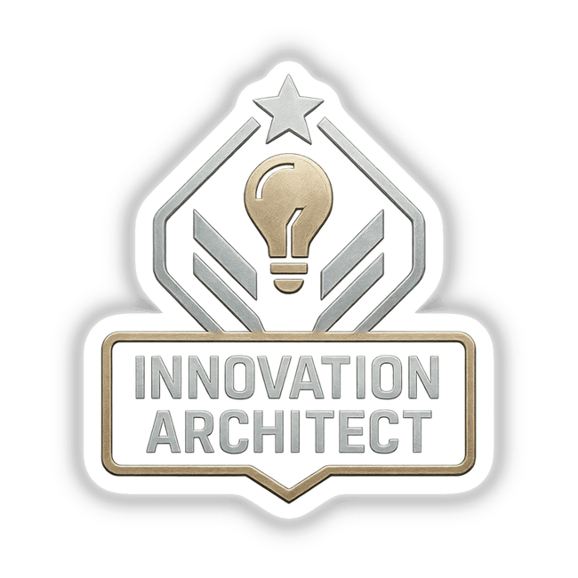 Innovation Architect – RPG-Style Skill Badge features a gold and silver futuristic shield design, available as vinyl stickers or digital artwork, reflecting Decal Venue's unique style.