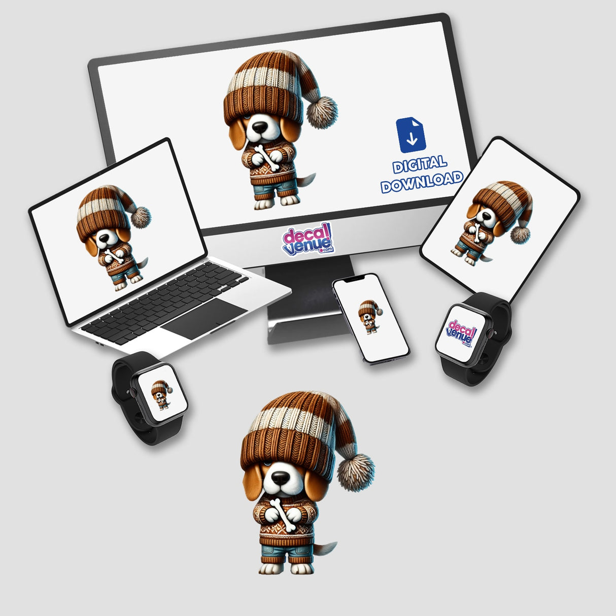 Beagle Gnome Holding Dog Bone sticker or digital art shown on various devices, including a laptop and monitor with cartoon characters.