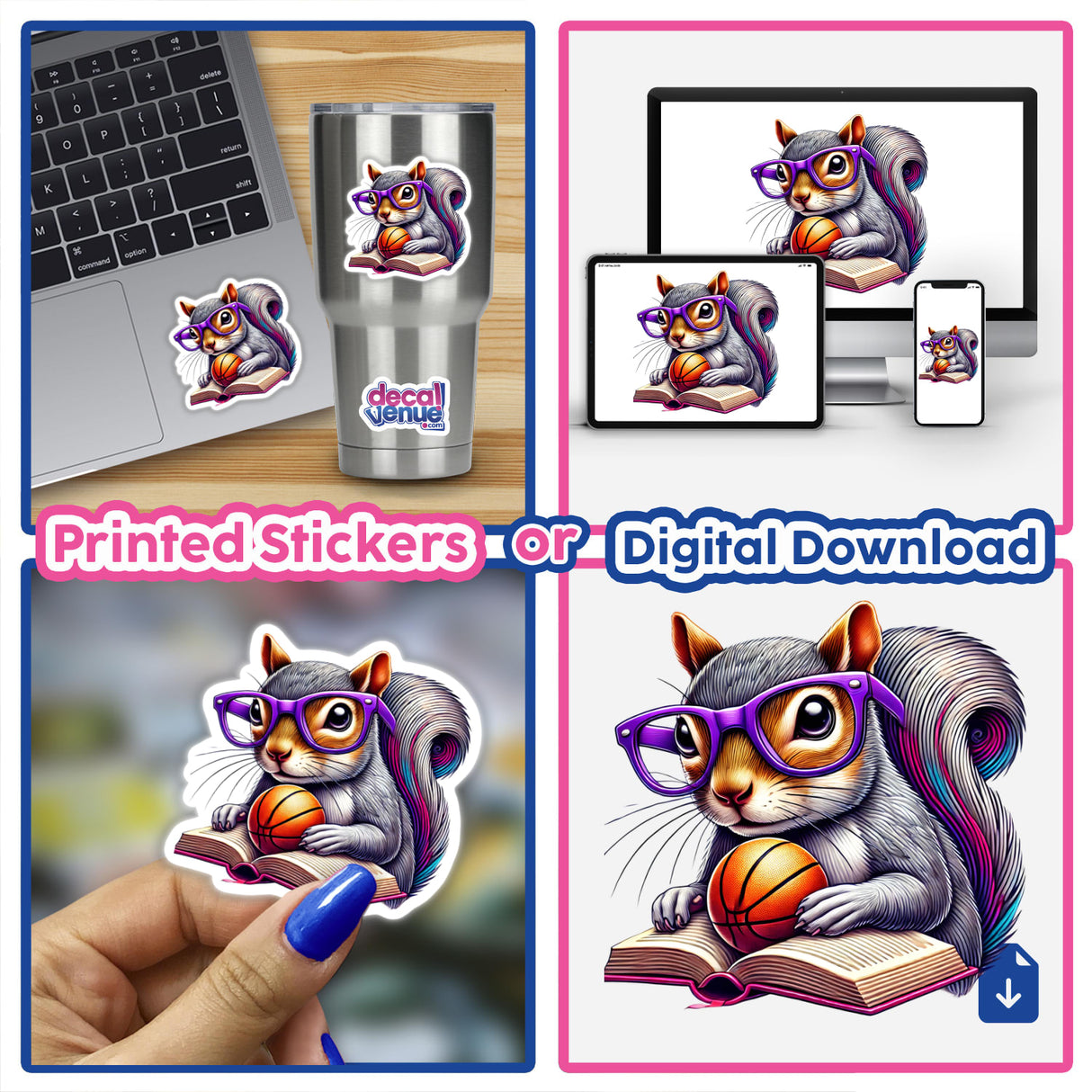Sticker of a squirrel with purple glasses reading a book and holding a basketball, embodying the product title Squirrel Reading a Book with Purple Glasses and Basketball. Available as stickers or digital artwork.